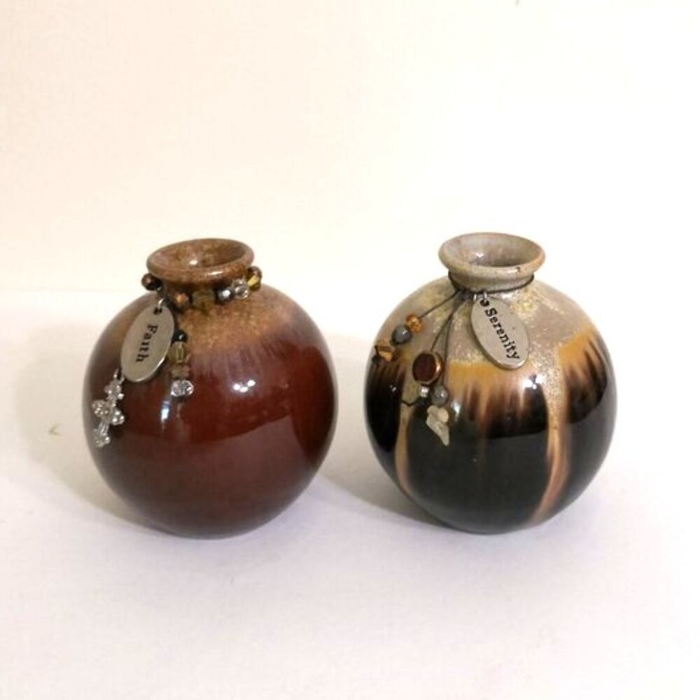 Faith And Serenity Crystalline Glazed Beaded Ceramic Bud Vases Set of 2